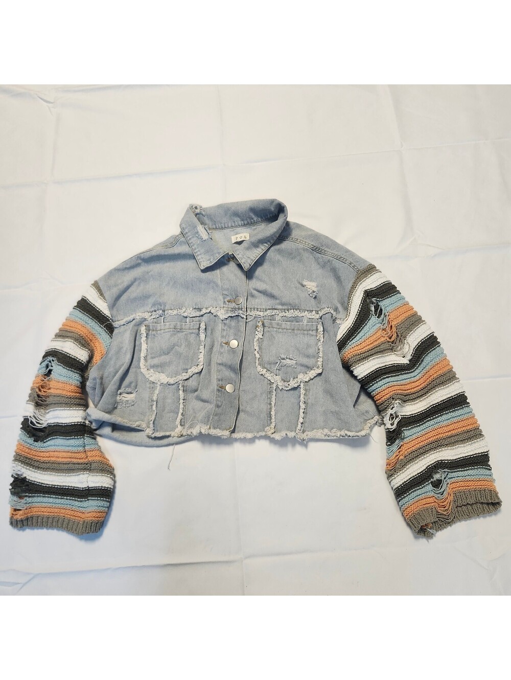 POL Distressed Cropped Denim Jacket with Striped Knit Sleeves Size Small